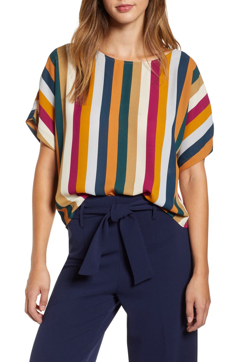 Short Sleeve Woven Top, Main, color, ORANGE INCA TRENDY MULTI