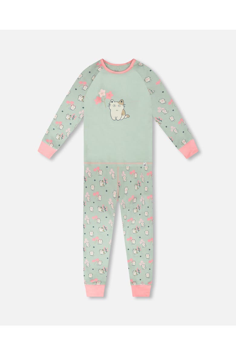 Organic Cotton Kitten Two-Piece Pyjama Set, Main, color, Green Kitten Print