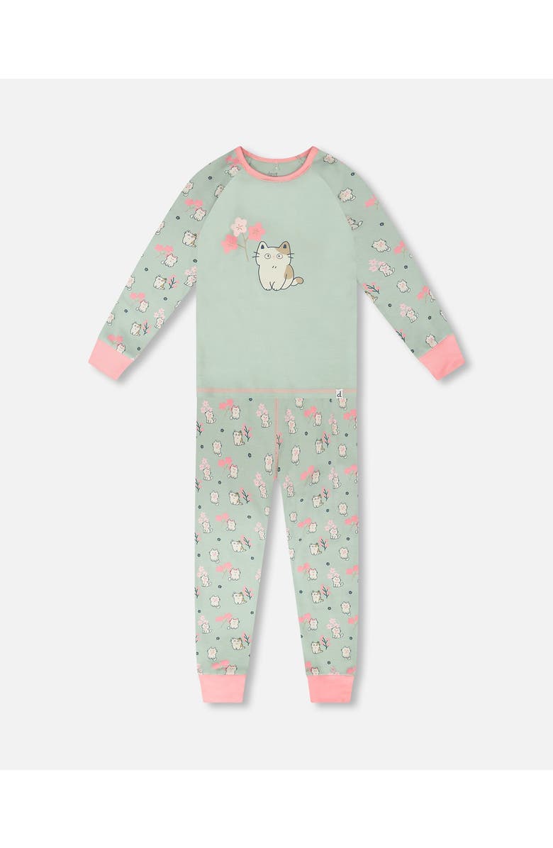 Deux par Deux Organic Cotton Kitten Print Two-Piece Pyjama Set, Main, color, Green Kitten Print