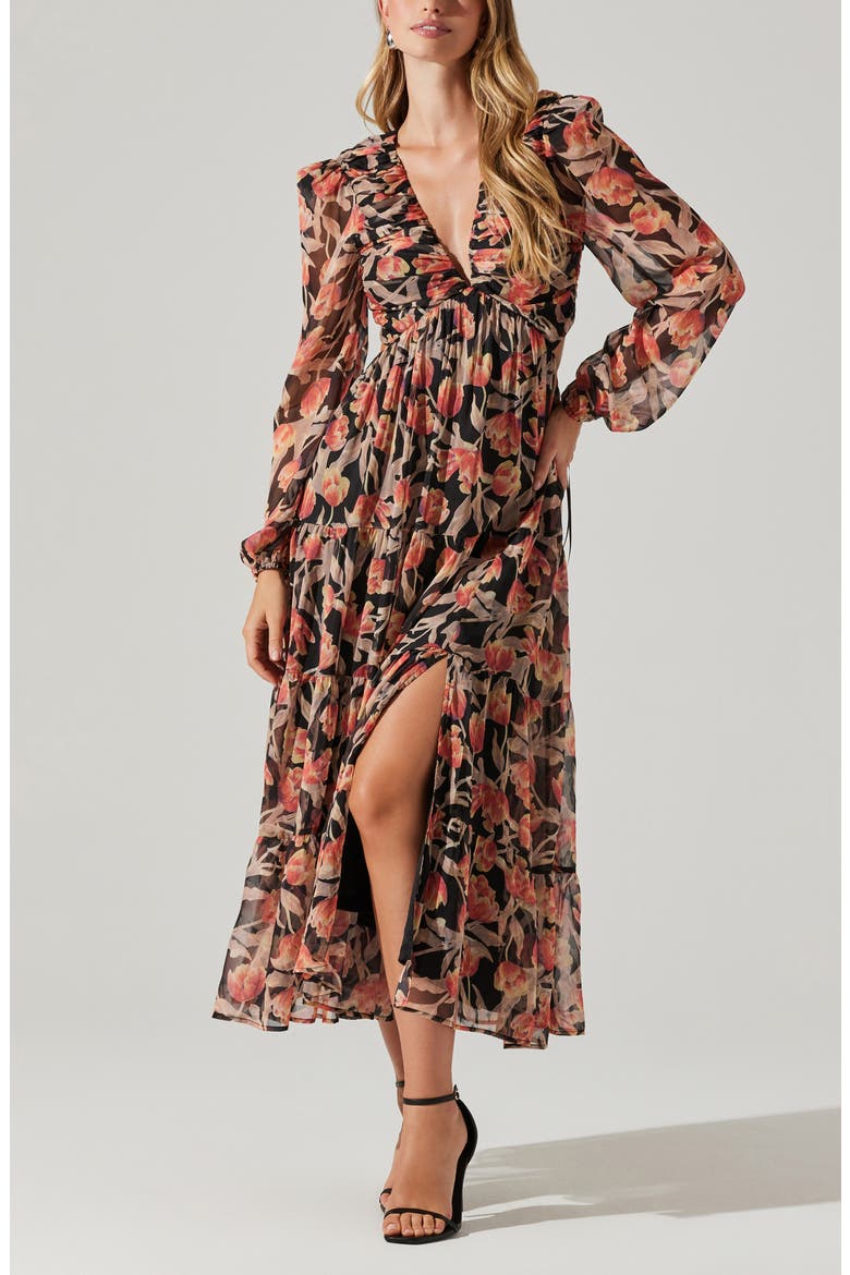Floral Print Lace-Up Back Long Sleeve Tiered Maxi Dress, Alternate, color, ORANGE BLACK FLORAL