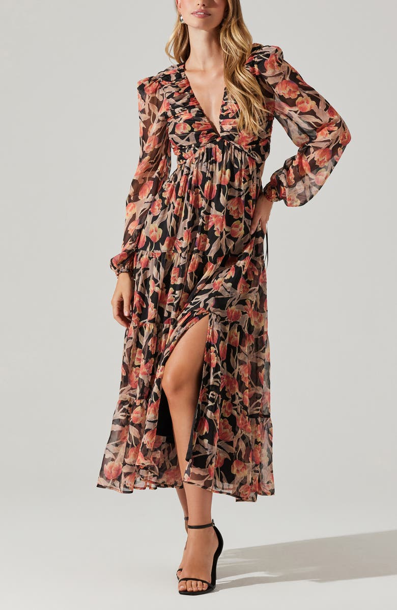ASTR the Label Floral Print Lace-Up Back Long Sleeve Tiered Maxi Dress, Alternate, color, 