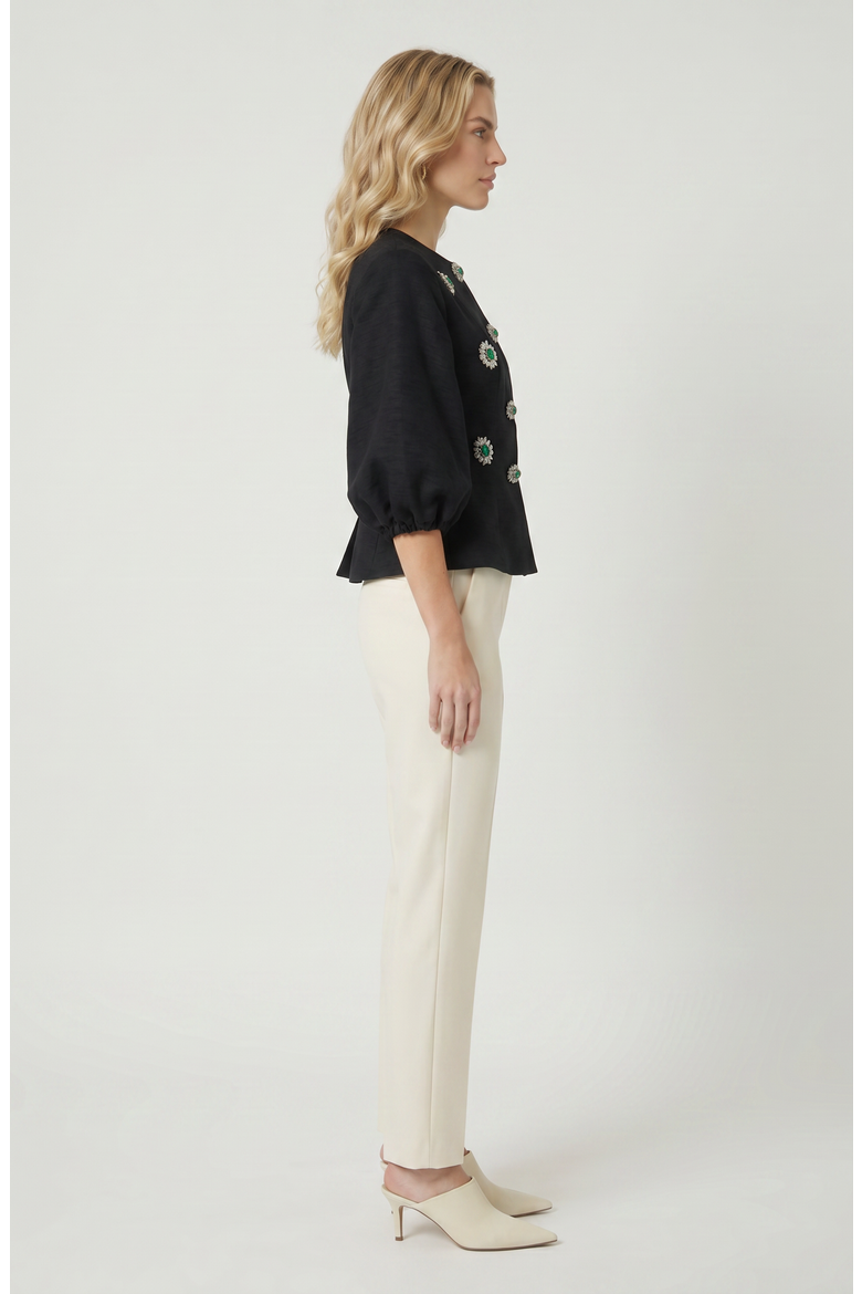 Embellished Puff Sleeve Button Jacket, Alternate, color, Black