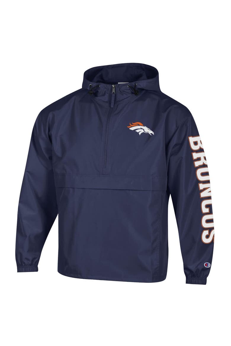 Men's Champion Navy Denver Broncos Packable Hooded Windbreaker Half-Zip Jacket, Alternate, color, Navy