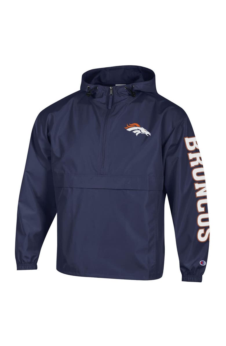 Champion Men's Champion Navy Denver Broncos Packable Hooded Windbreaker Half-Zip Jacket, Alternate, color, Navy