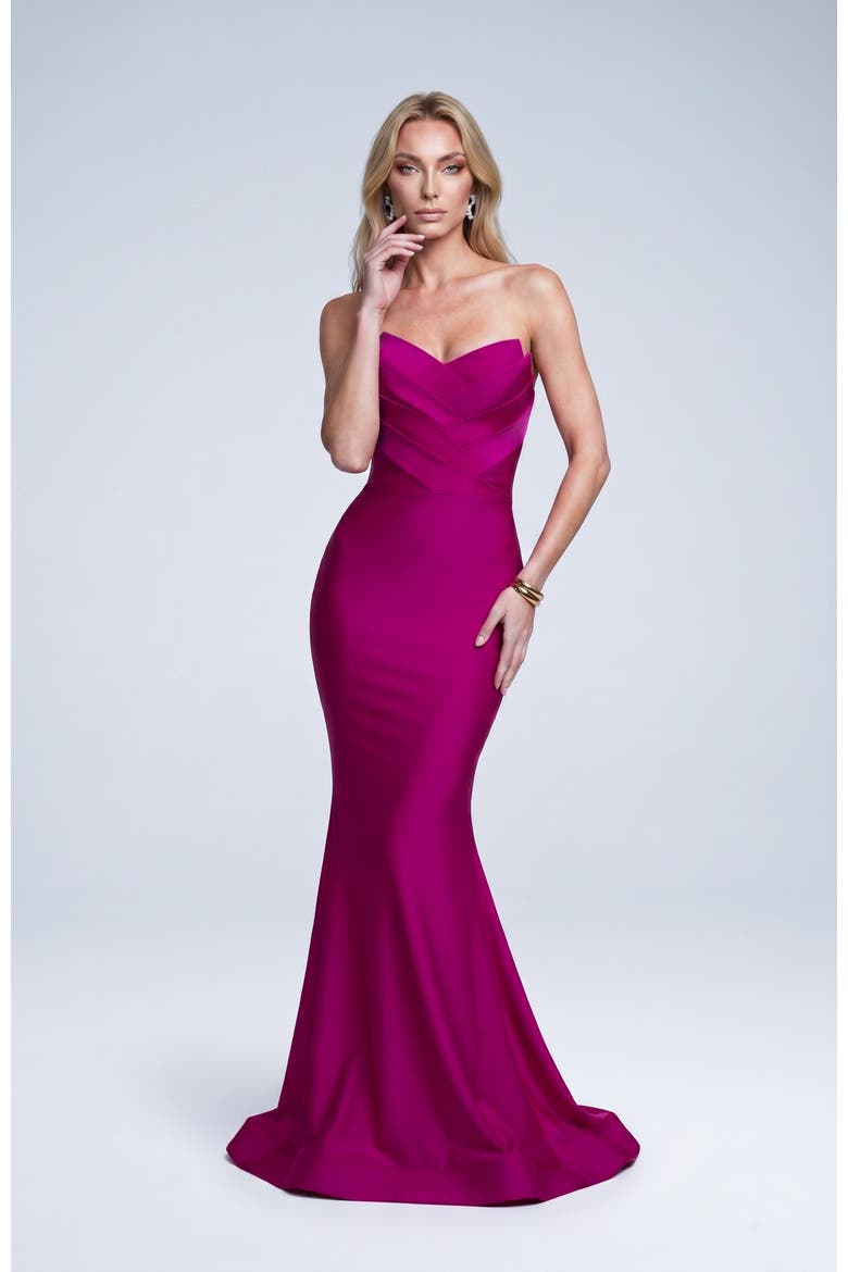 Strapless Layered Tulip Bodice Mermaid Evening Gown, Main, color, Magenta