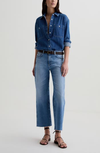 Saige Paneled Raw Hem Ankle Wide Leg Jeans