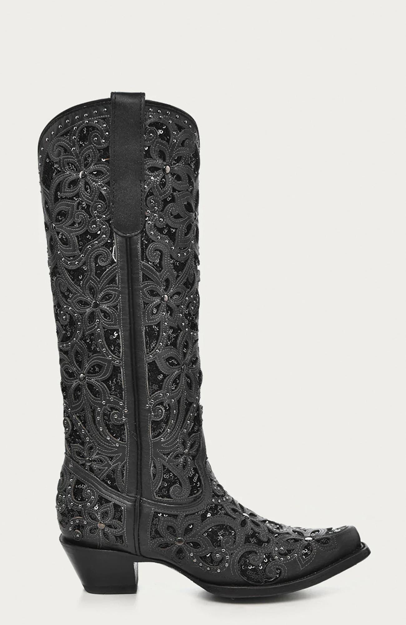 Cowhide Embroidered Inlay Studded Snip Toe Tall Boots, Alternate, color, Black