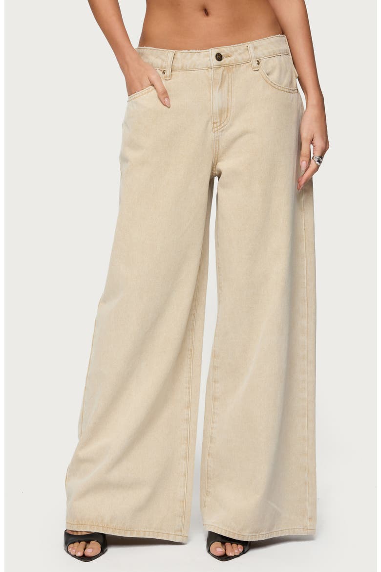 Button Strap Low Rise Baggy Wide Leg Jeans, Main, color, BEIGE