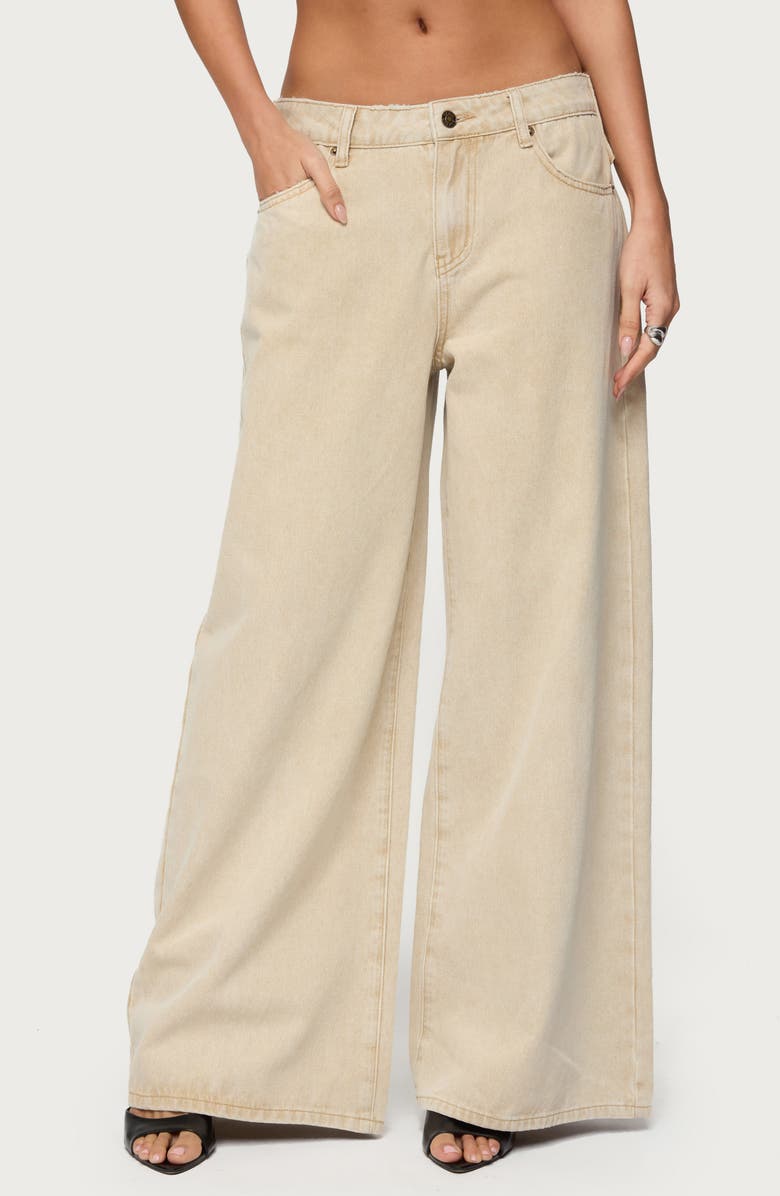EDIKTED Button Strap Low Rise Baggy Wide Leg Jeans, Main, color, Beige