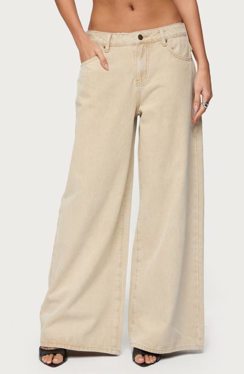 Button Strap Low Rise Baggy Wide Leg Jeans