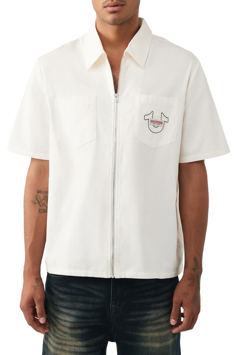 Buddha Graphic Short Sleeve Zip-Up Shirt, Main, color, WINTER WHITE