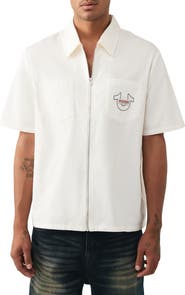 True Religion Buddha Graphic Short Sleeve Zip-Up Shirt
