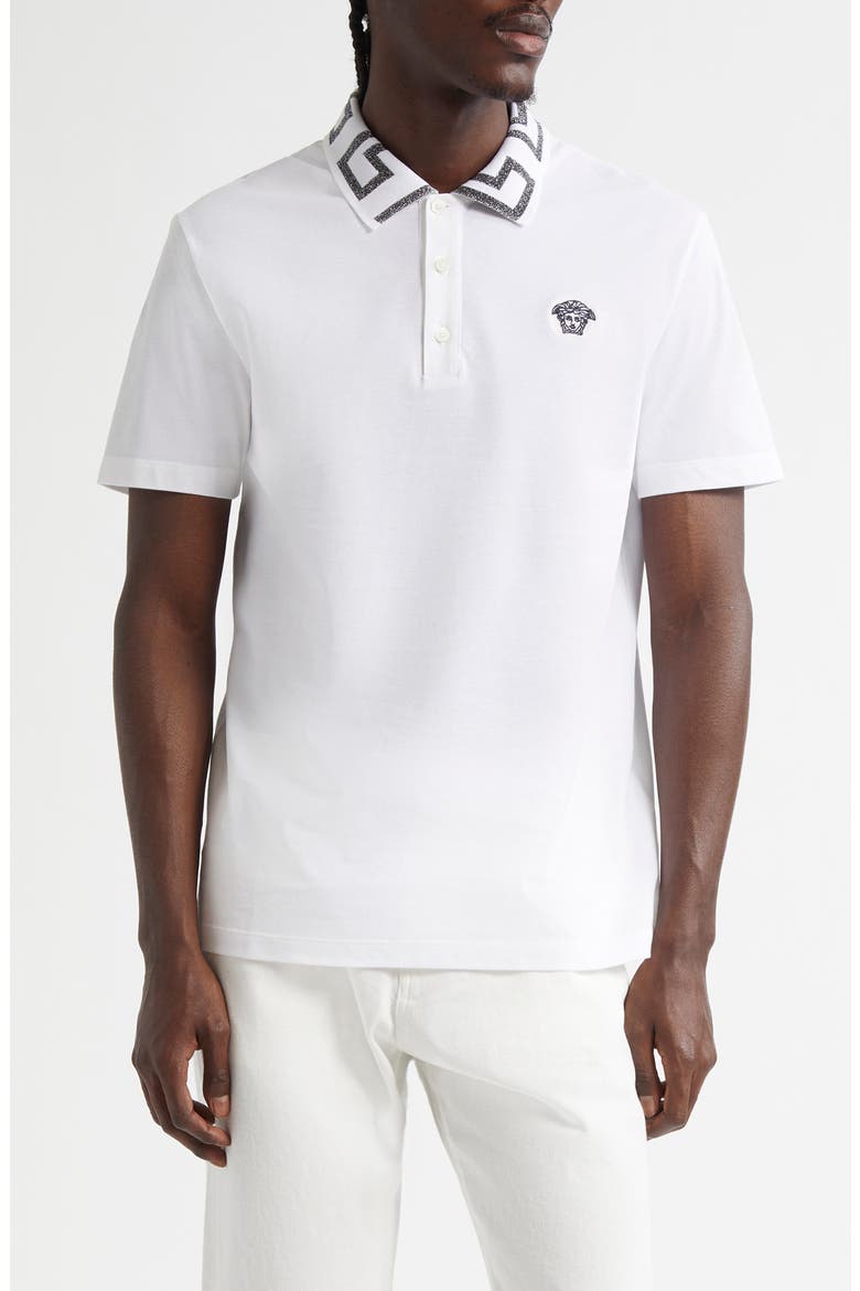 Metallic Greca Collar Piqué Polo, Main, color, WHITE ANTRACHITE