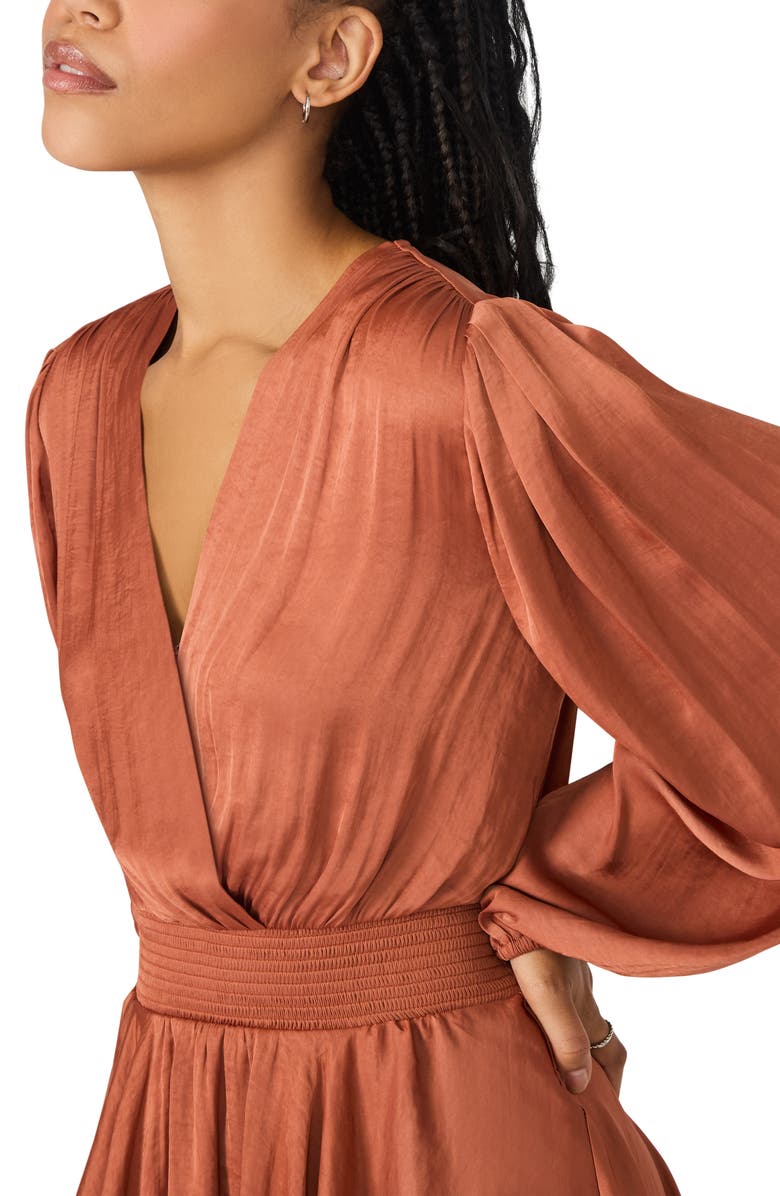 Steve Madden Bei Long Sleeve Tiered Satin Midi Dress, Alternate, color, Copper Brown