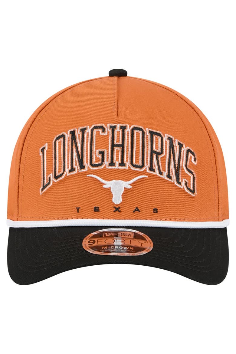 Men's New Era Texas Orange/Black Texas Longhorns Arch Two-Tone Rope 9FORTY A-Frame M-Crown Adjustable Hat, Alternate, color, Burnt Orange