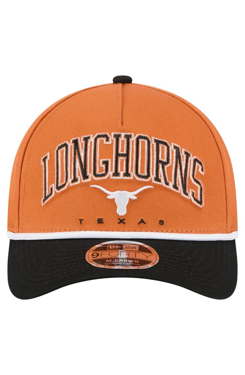 New Era Men
s New Era Texas Orange/Black Texas Longhorns Arch Two-Tone Rope 9FORTY A-Frame M-Crown Adjustable Hat, Alternate, color, Burnt Orange