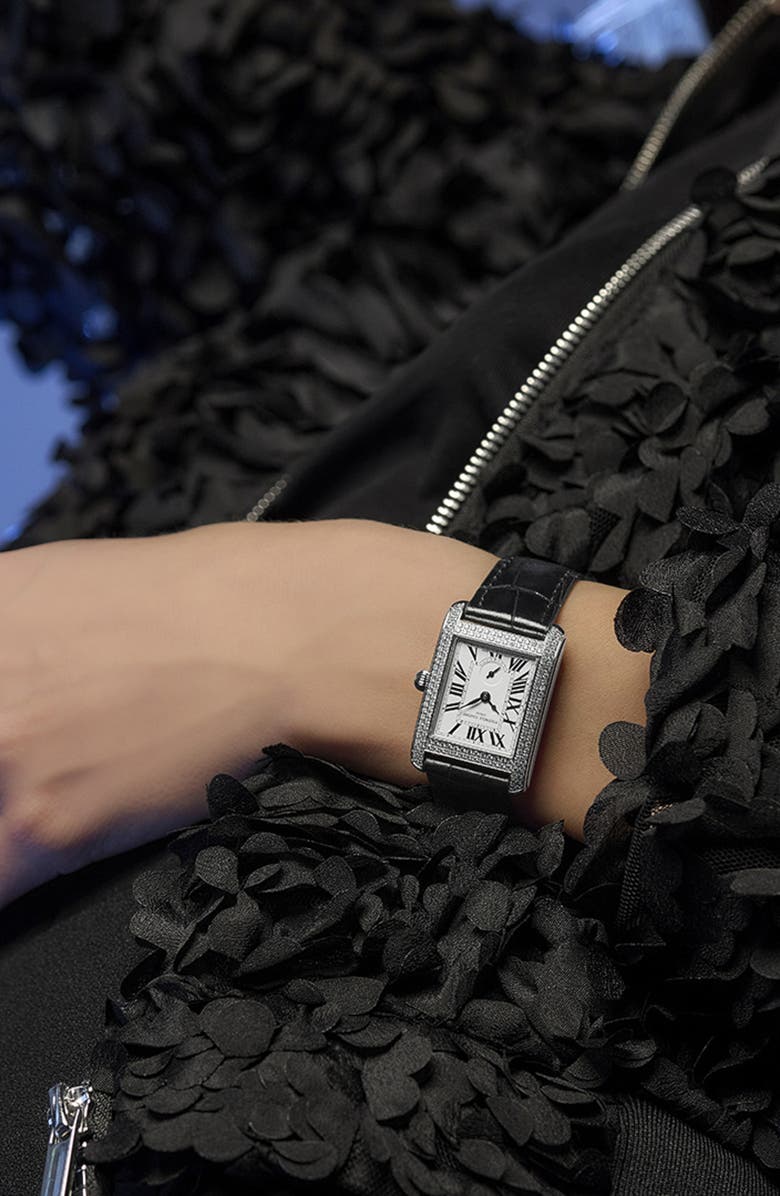 FREDERIQUE CONSTANT Classic Carrèe Diamond Leather Strap Watch, 28mm x 25mm, Alternate, color, Black