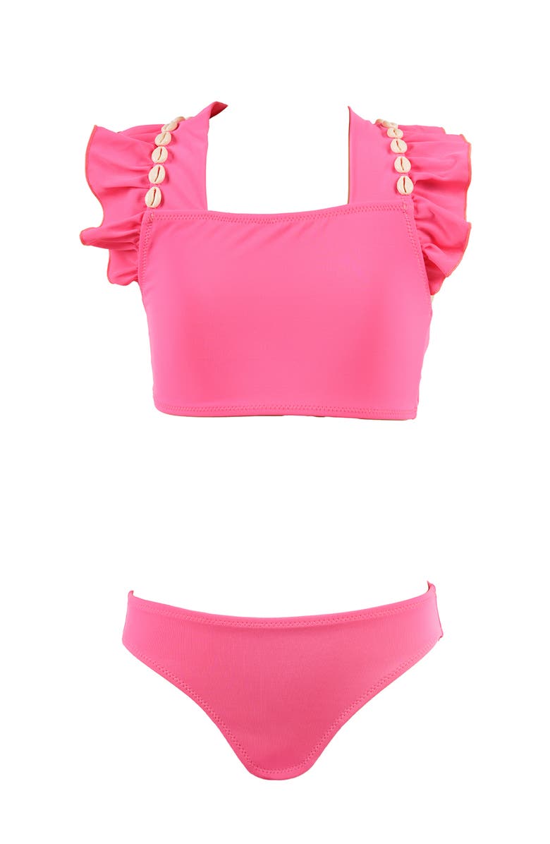 NESSI BYRD Square-Neck Bikini with Shell-Adorned Ruffles, Main, color, Pink
