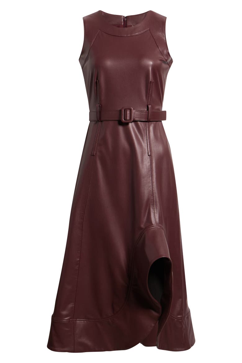Asymmetrical Hem Faux Leather A-Line Midi Dress, Alternate, color, BAROLO