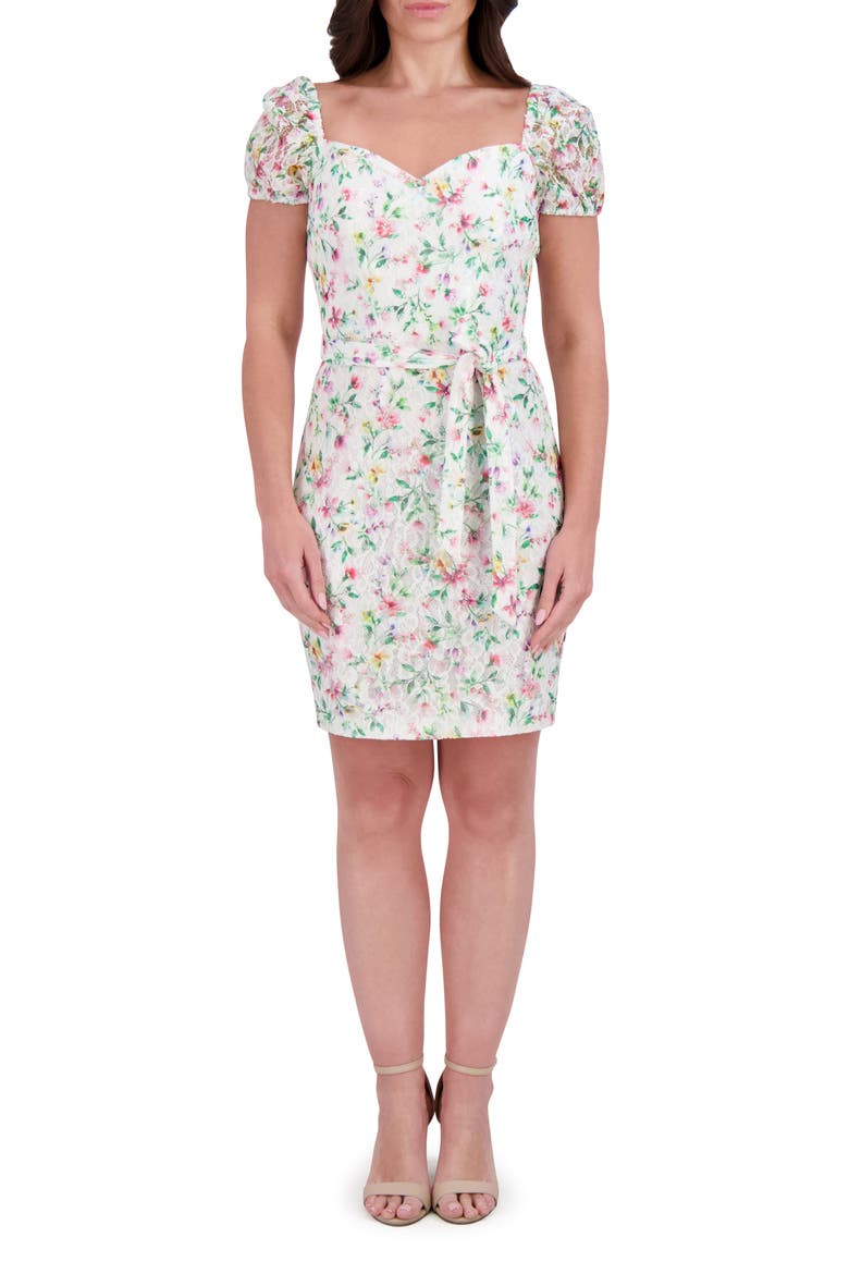 Print Tie Waist Body-Con Dress, Main, color, WHITE MULTI