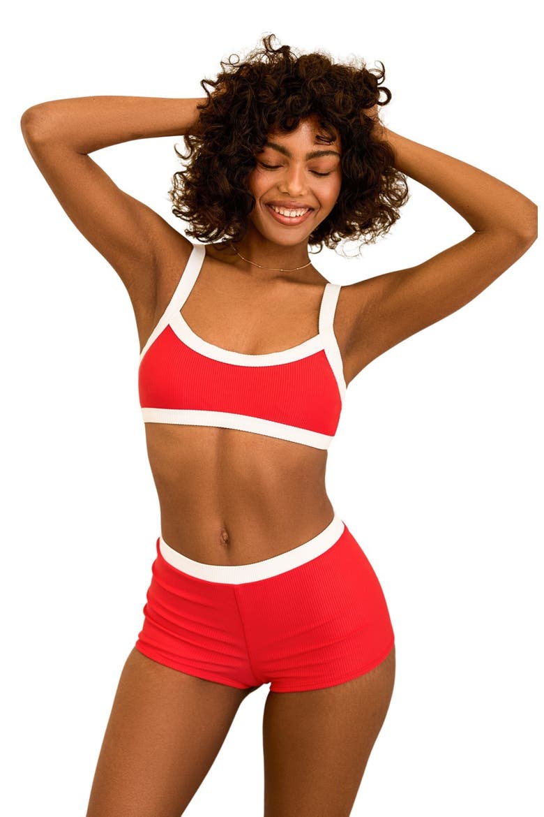 Kelly Bandeau Bikini Top, Main, color, Poppy/White Rib