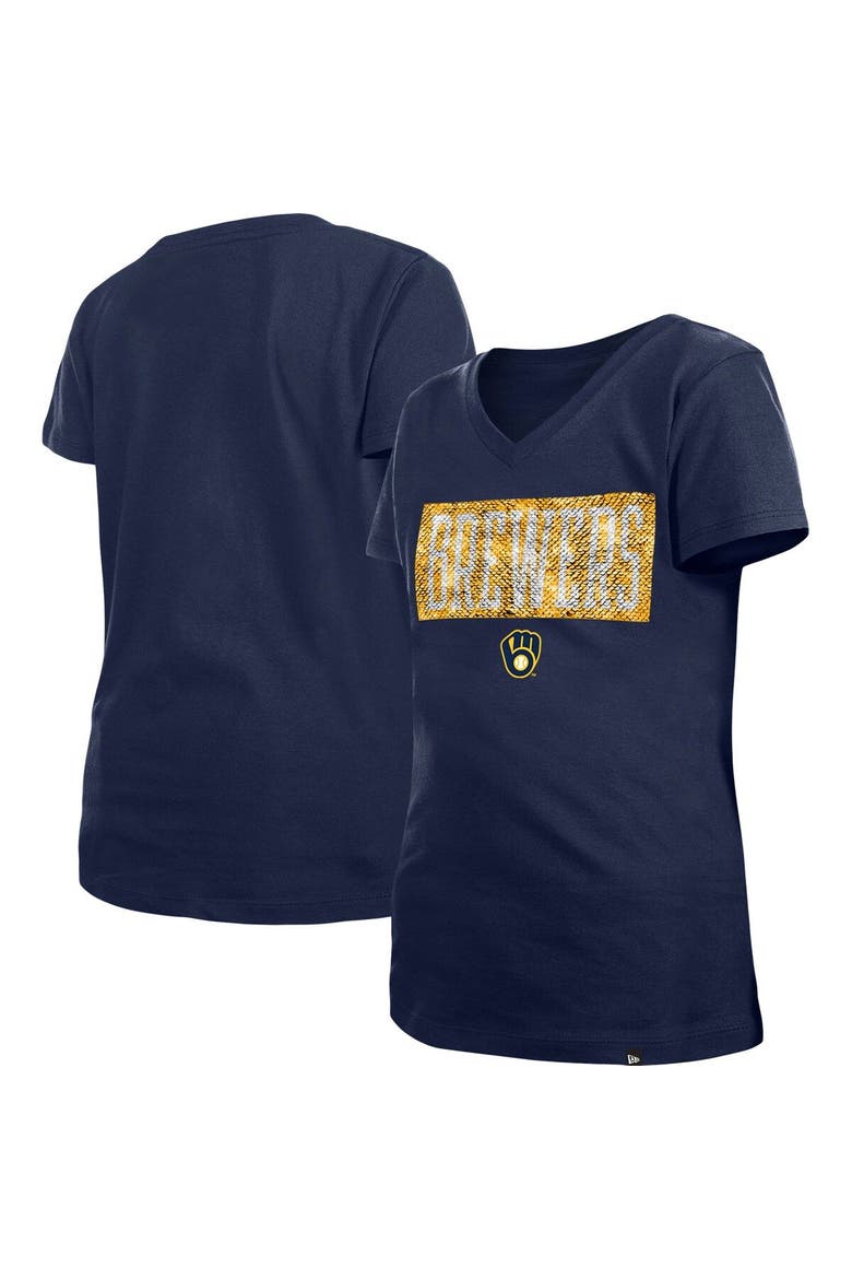 Girls Youth New Era Navy Milwaukee Brewers Flip Sequin Team V-Neck T-Shirt, Main, color, Navy