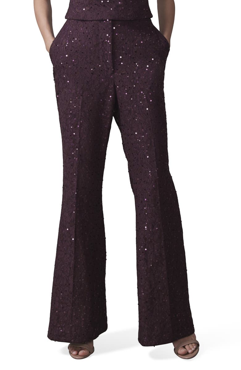 MINT VELVET Sequin Lace Flared Trousers, Main, color, Burgundy