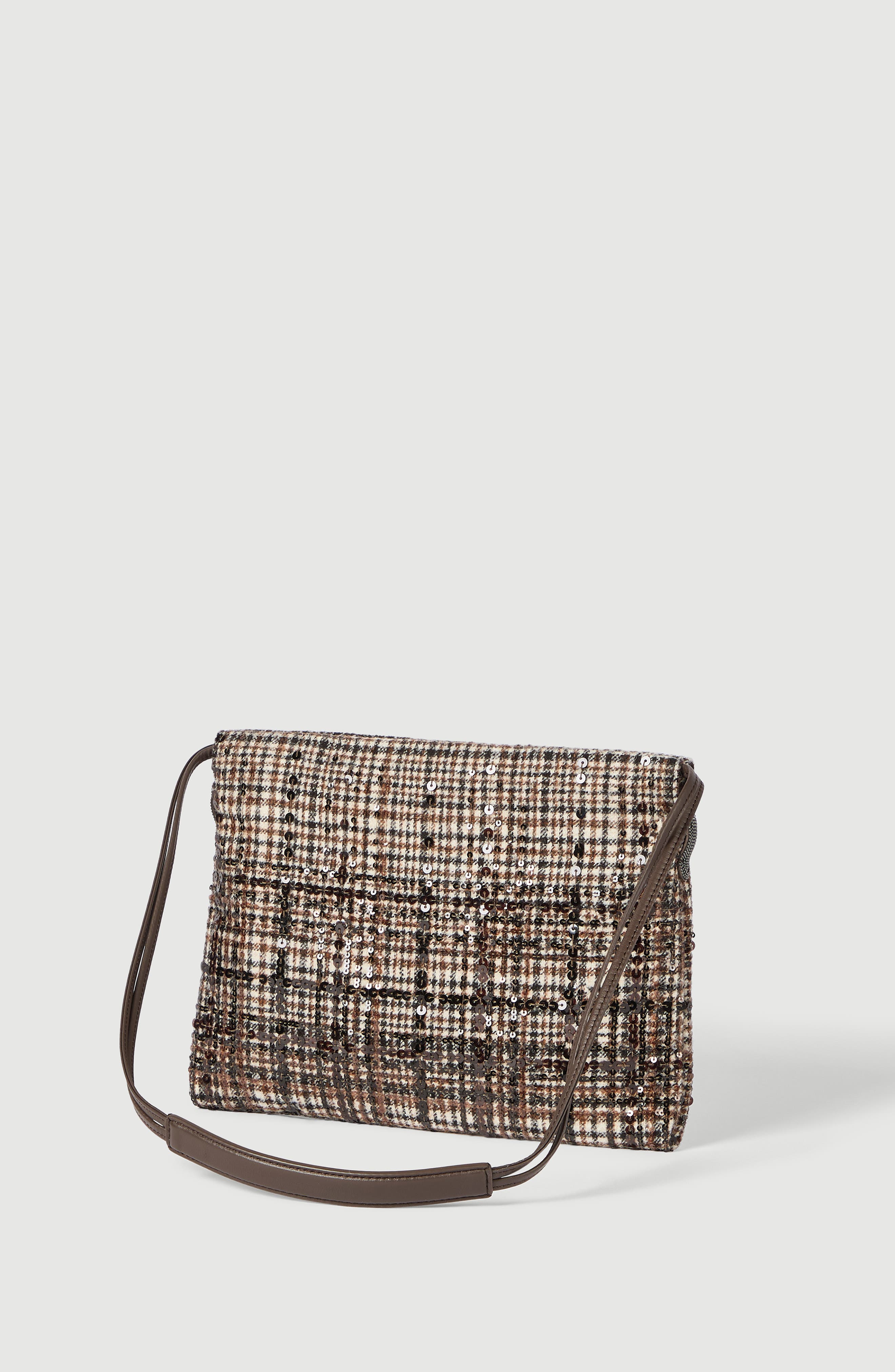 Pouch bag in water-resistant checked alpaca and wool with dazzling degradé embroidery, Alternate, color, Brown