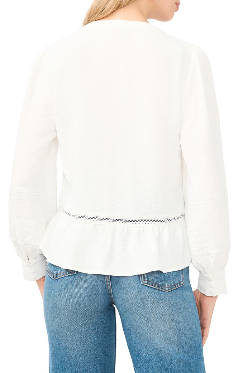 Vince Camuto Lace Yoke Tie Front Long Sleeve Top, Alternate, color, Ultra White