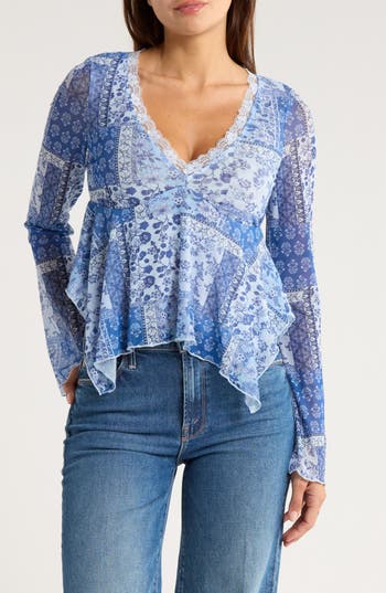 Madden Girl Long Bell Sleeve Babydoll Top In Blue