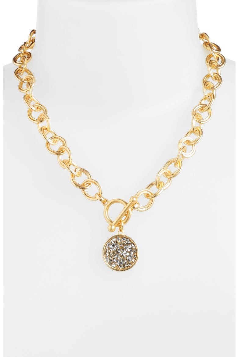 Pavé Cubic Zirconia Coin Pendant Necklace, Alternate, color, GOLD