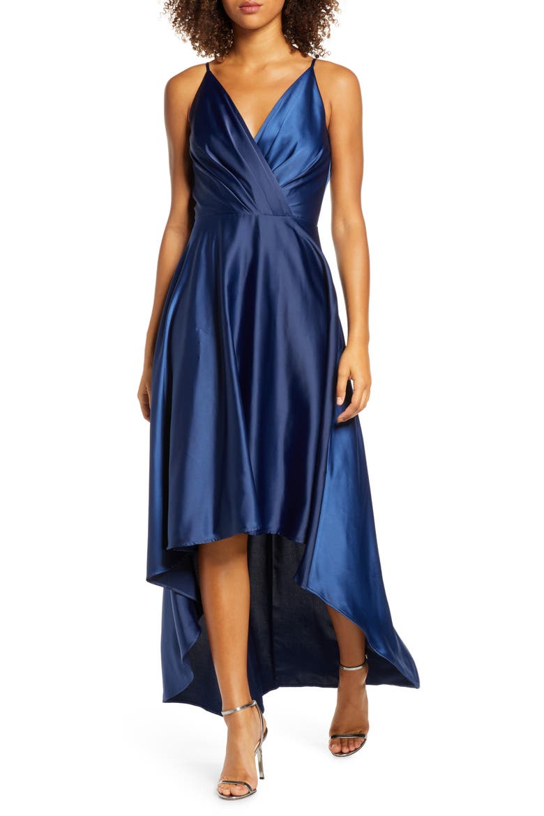 Katherine Surplice High/Low Satin Gown, Alternate, color, NAVY