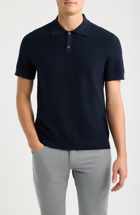 Short Sleeve Ribbed Cotton & Cashmere Polo Sweater