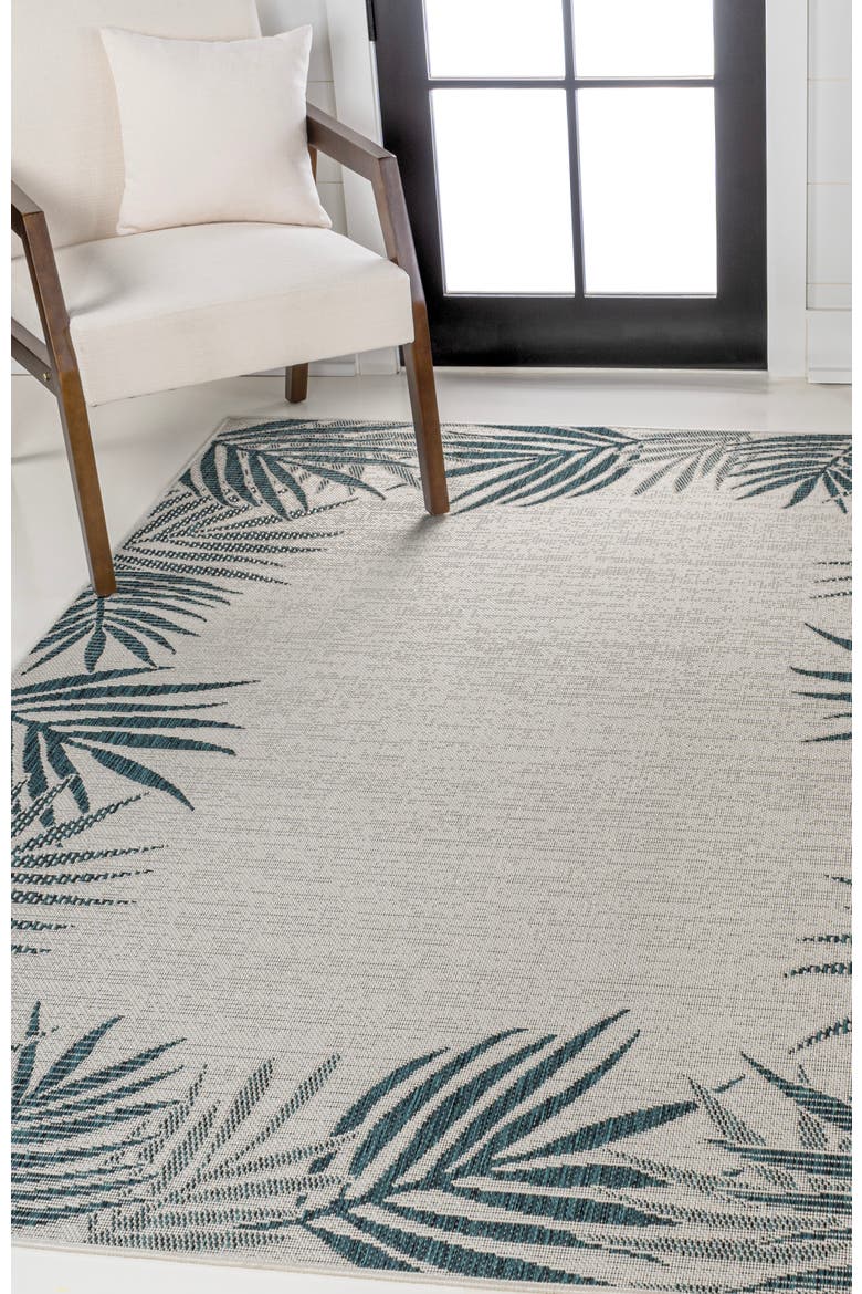 Isla Coastal Cottage Palm Frond Border Indoor/Outdoor Area Rug, Alternate, color, Blue/Cream