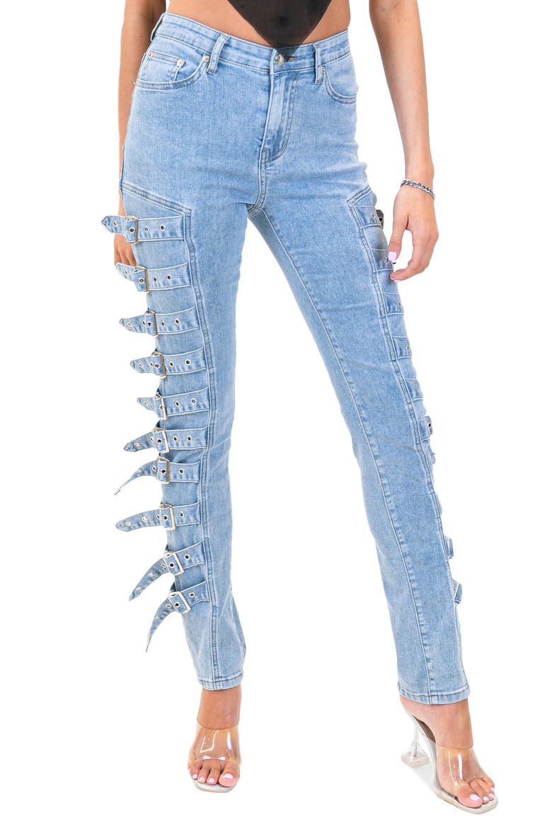 Buckle Up Stretch Skinny Jeans, Main, color, BLUE