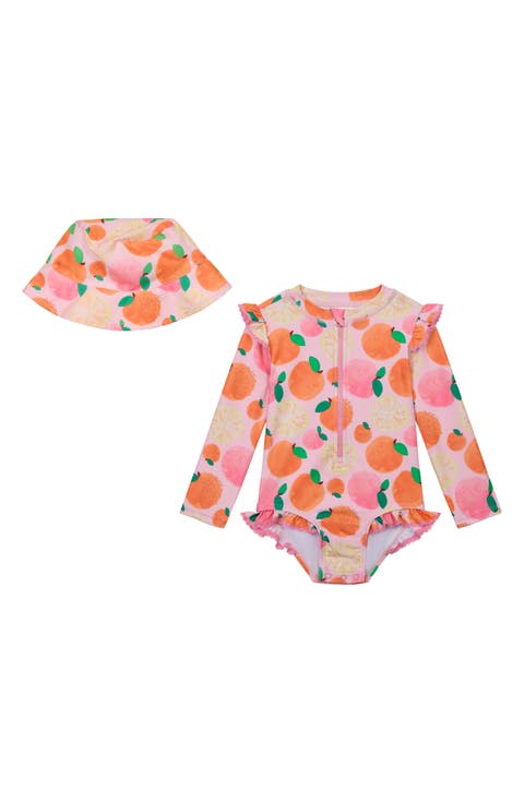 Ruffled Long Sleeve One-Piece Rashguard Swimsuit & Hat Set (Baby)