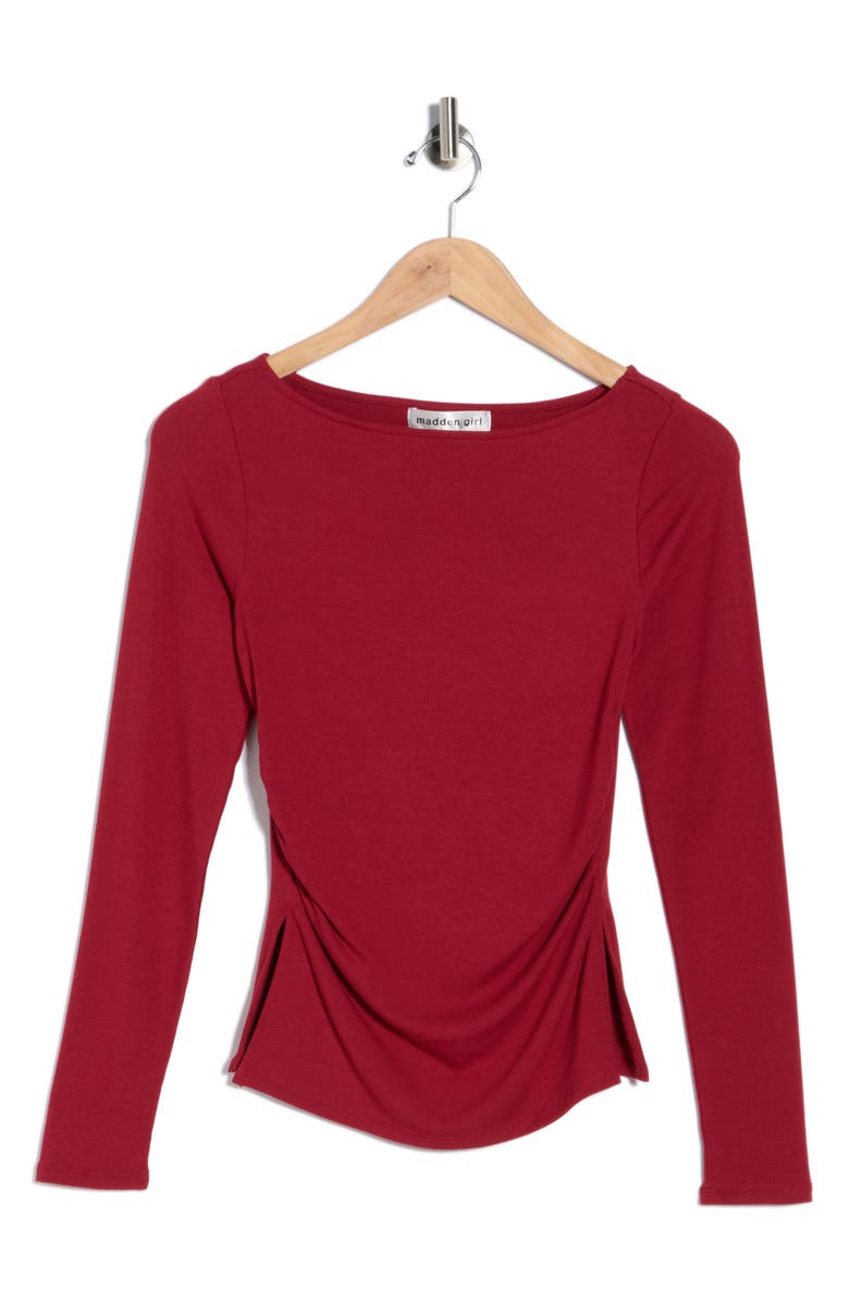 Madden Girl Boat Neck Long Sleeve Ruched Top, Alternate, color, Burgundy