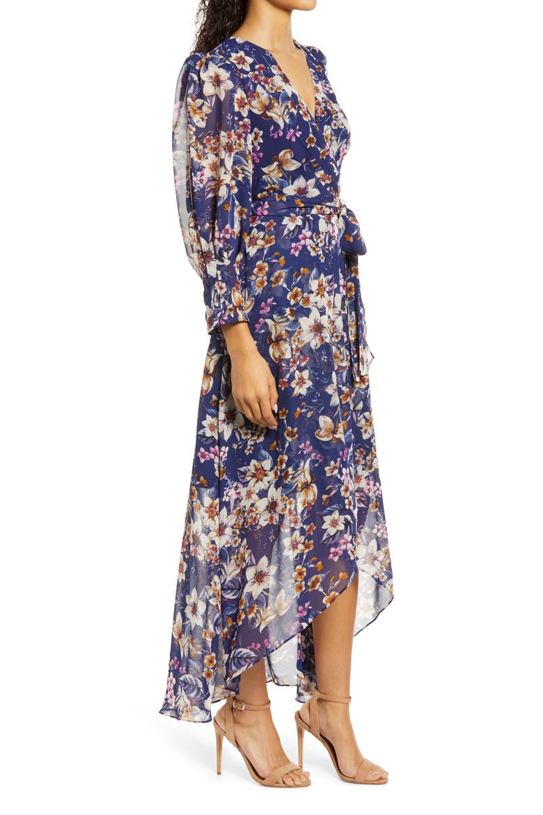 Floral Print High-Low Faux Wrap Dress, Alternate, color, NAVY