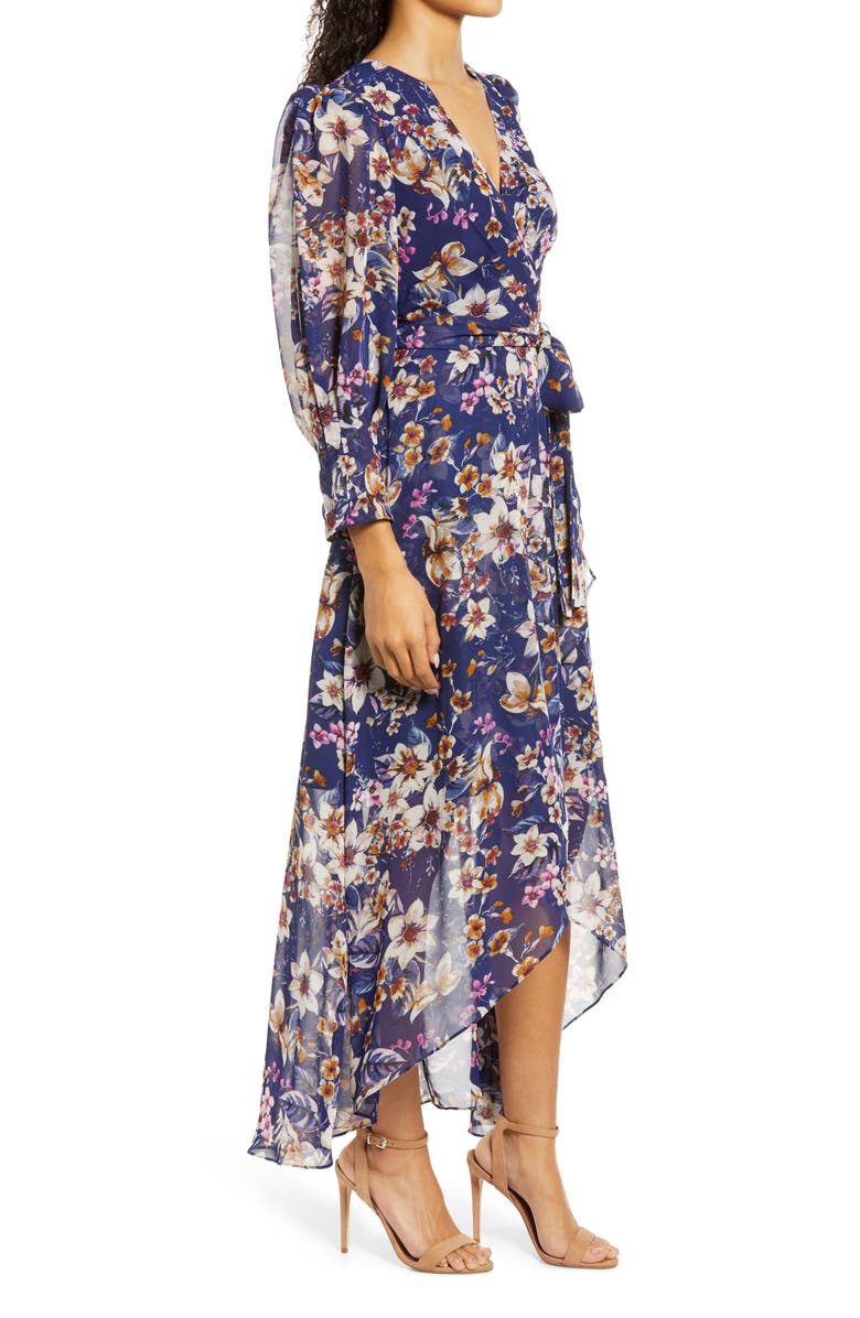 Eliza J Floral Print High-Low Faux Wrap Dress, Alternate, color, 