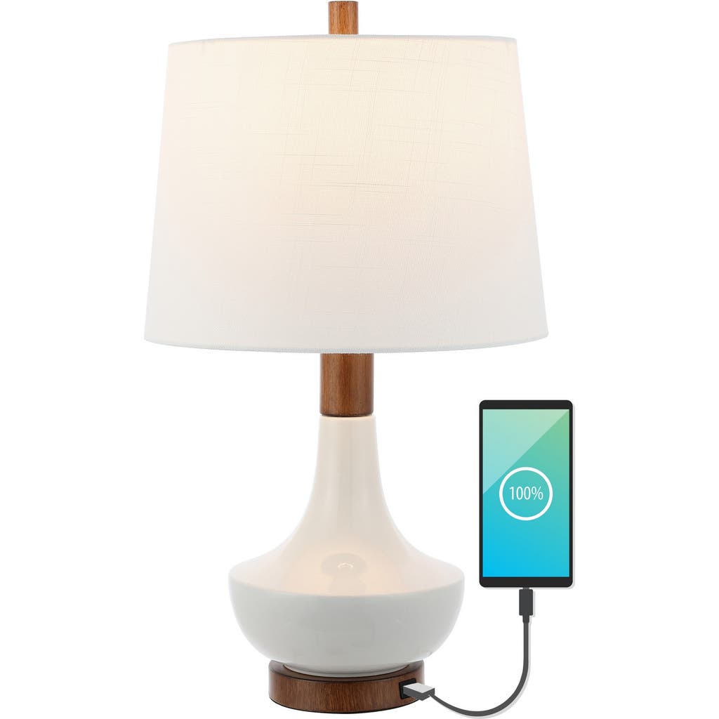 Jonathan Y Finn 23" Vintage Minimalist Iron/ceramic Led Mini Table Lamp With Usb Charging Port, Wood In White/brown Wood Finish