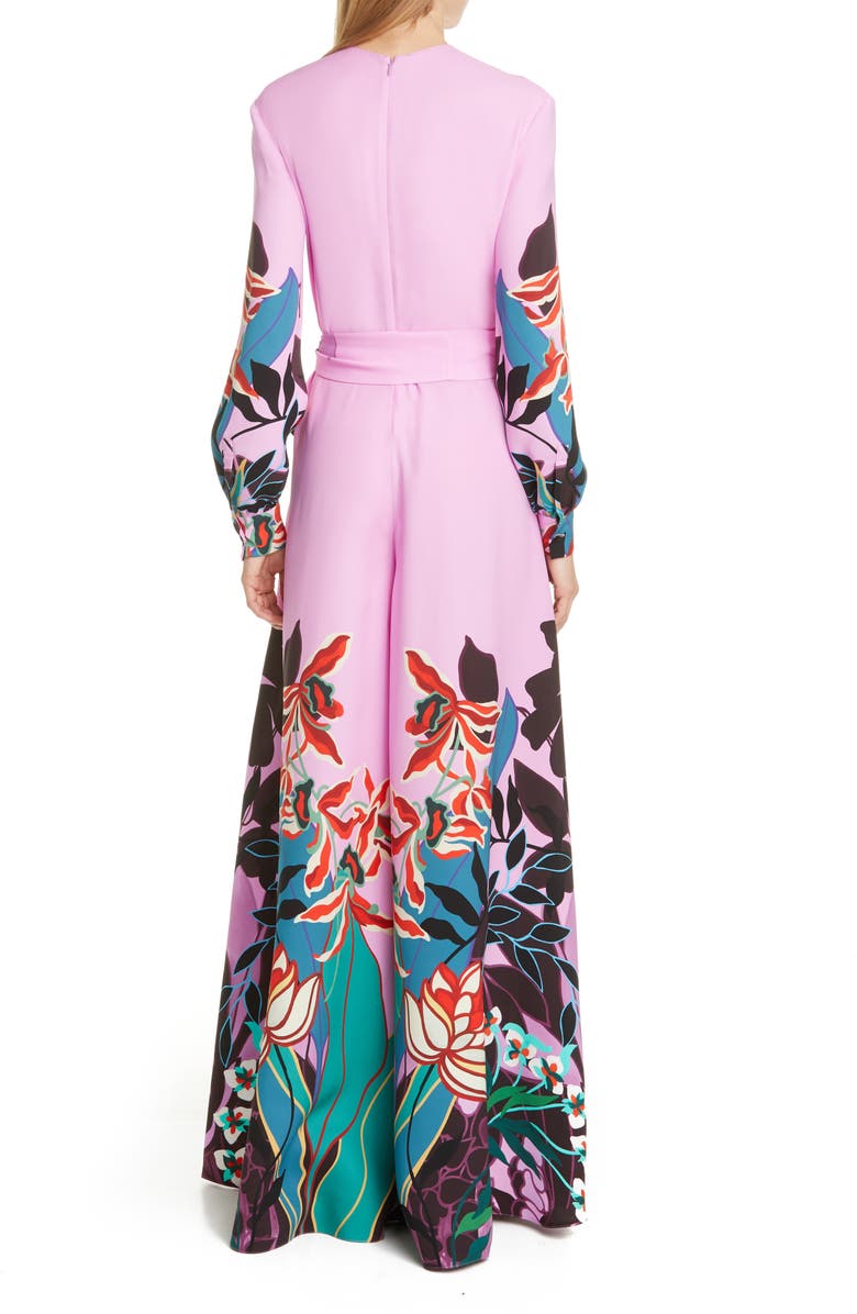 Valentino Orchid Print Long Sleeve Wide Leg Silk Cady Jumpsuit, Alternate, color, 