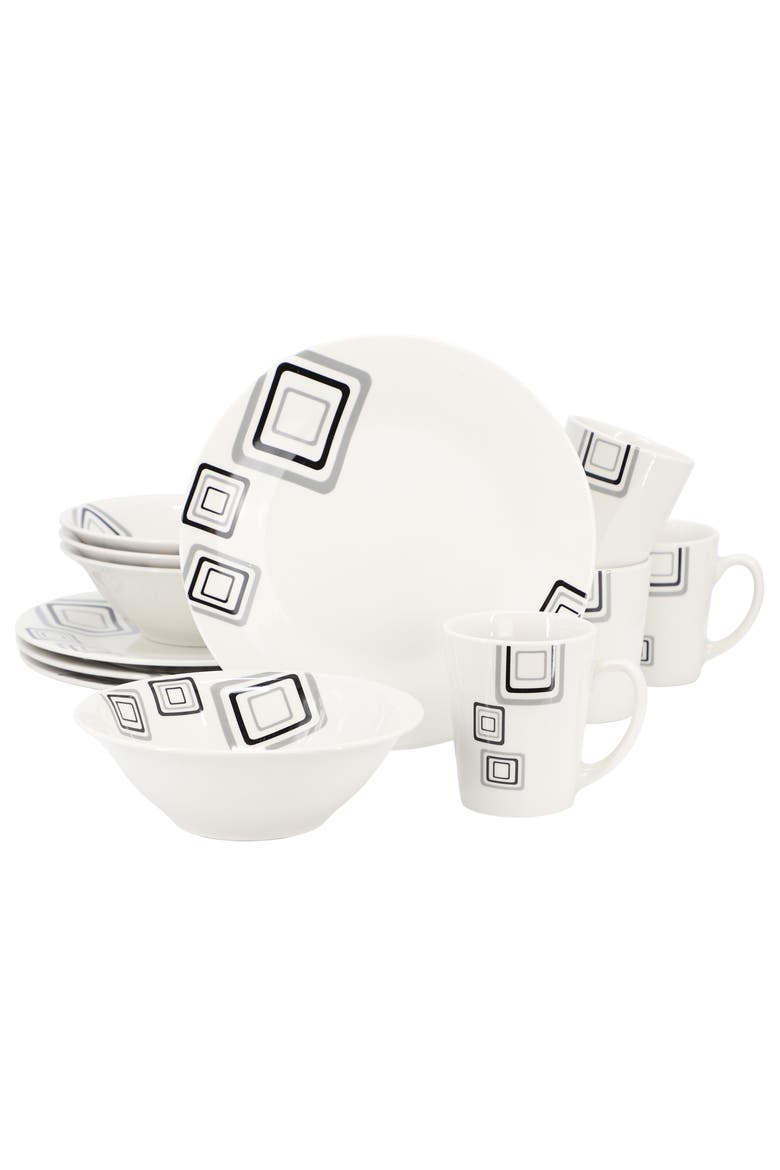 Black Squares 12 Piece Round Fine Ceramic Dinnerware Set, Main, color, White