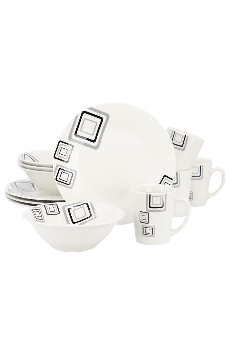 Gibson Home Black Squares 12 Piece Round Fine Ceramic Dinnerware Set, Main, color, White