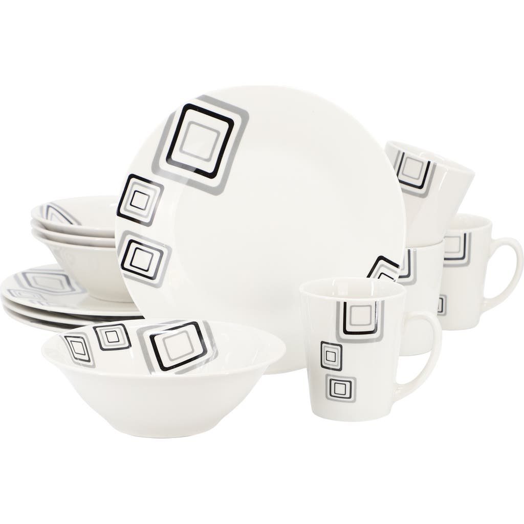 Gibson Home Black Squares 12 Piece Round Fine Ceramic Dinnerware Set In White