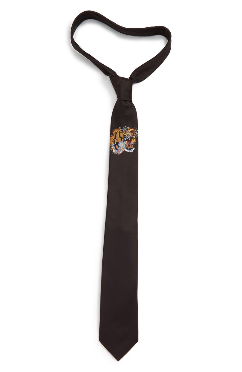 Gucci Tiger Embroidered Silk Tie, Main, color,