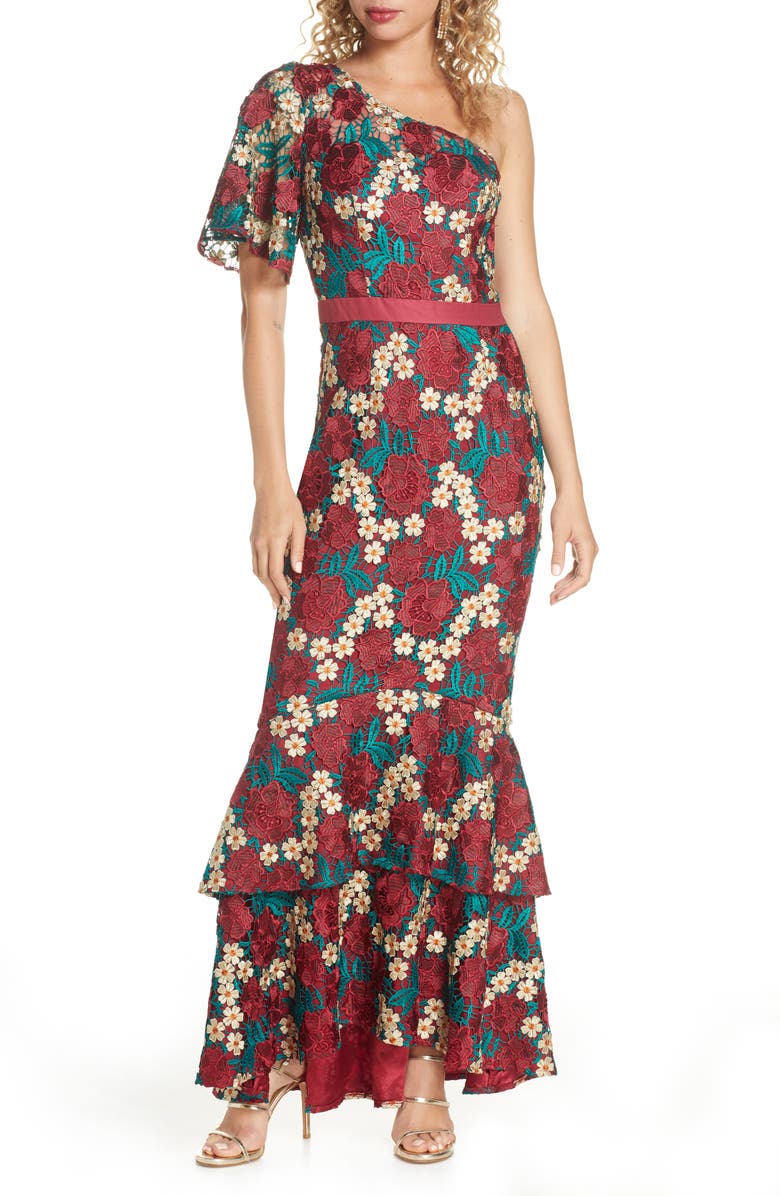 Chi Chi London Jennifer One-Shoulder Crochet Lace Evening Gown, Main, color,