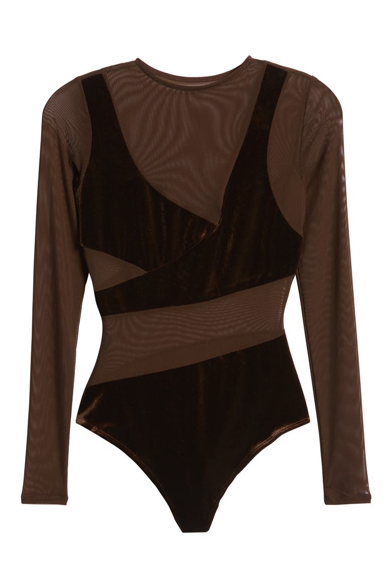 Velvet Long Sleeve Bodysuit, Alternate, color, BROWN