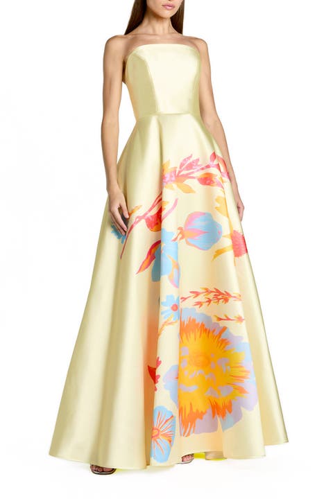 Women’s Strapless Floral Printed Mikado Ball Gown