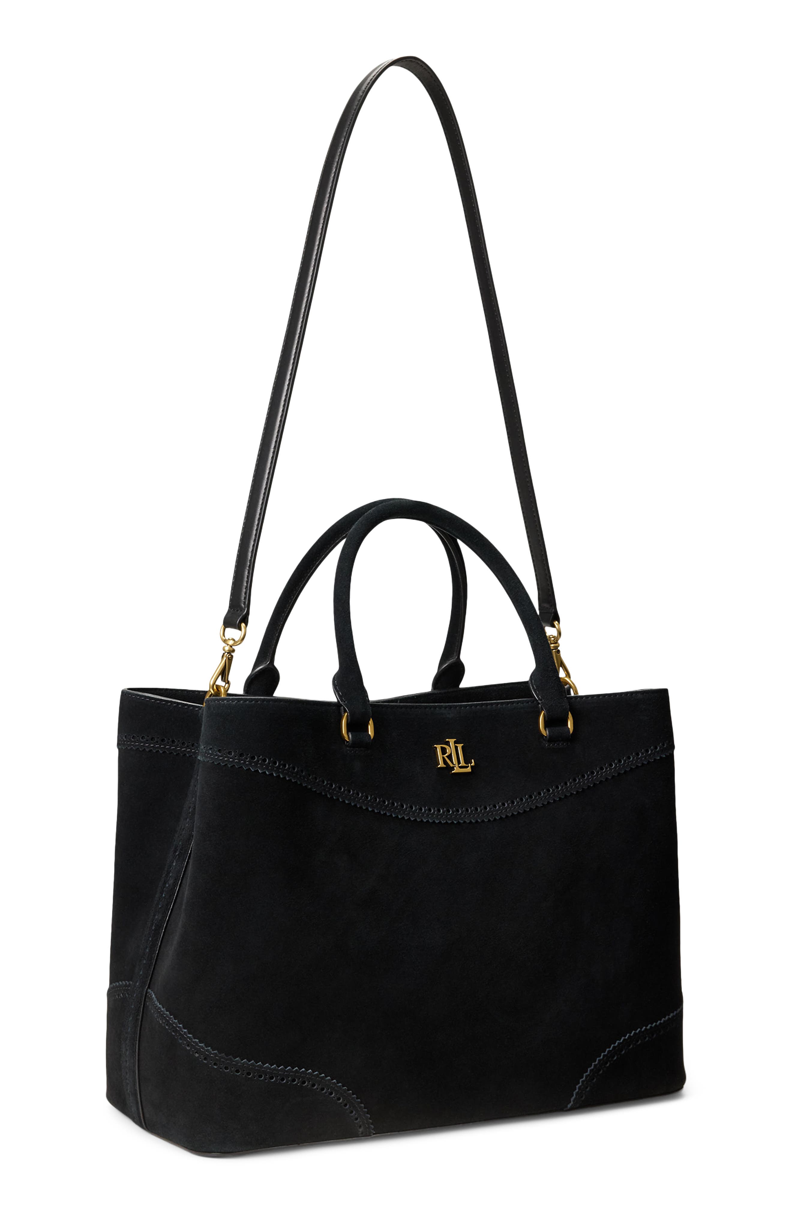 Marcy 36 Perforated Suede Satchel, Alternate, color, BLACK