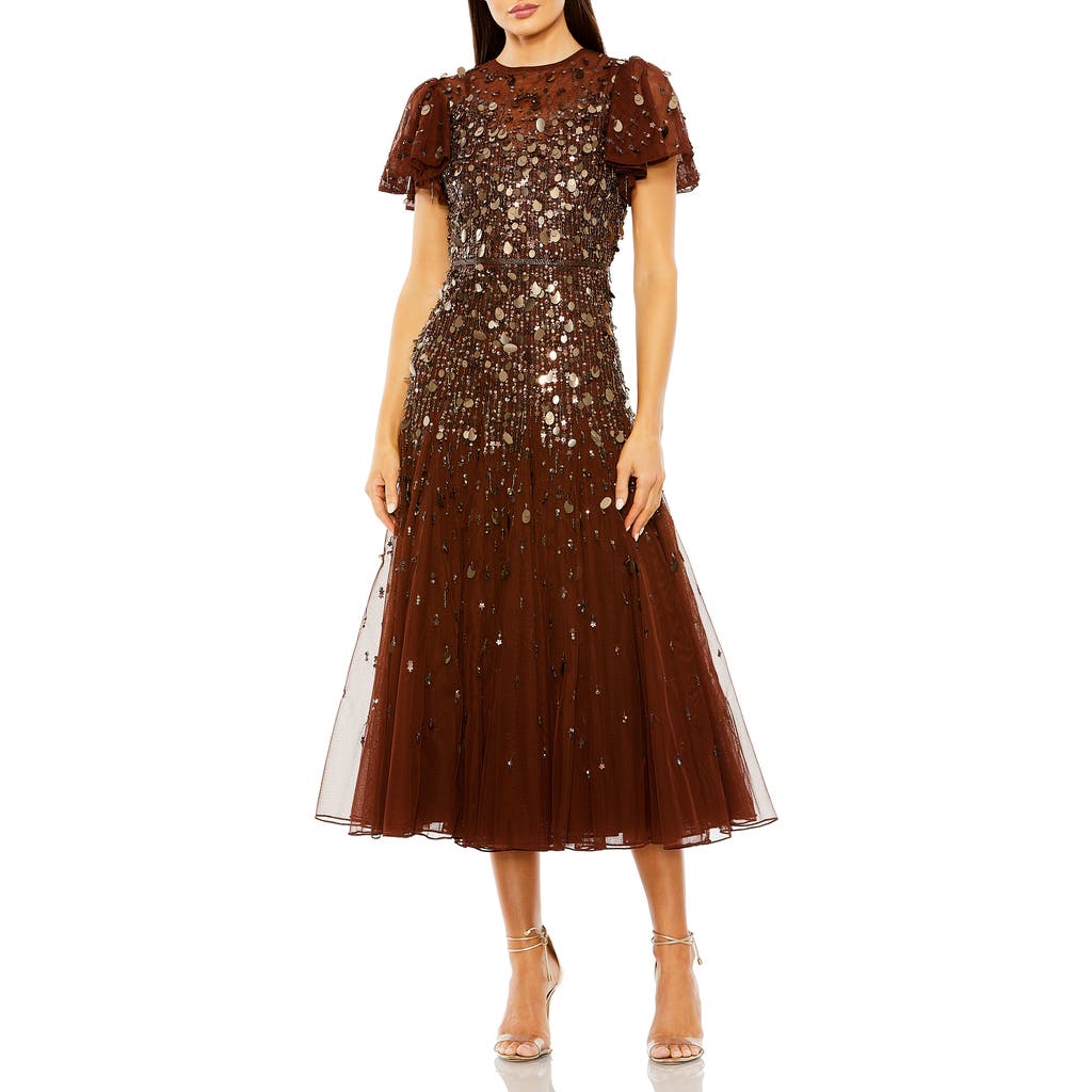 Mac Duggal Flutter Sleeve Sheer Top Beaded Dress In Brown